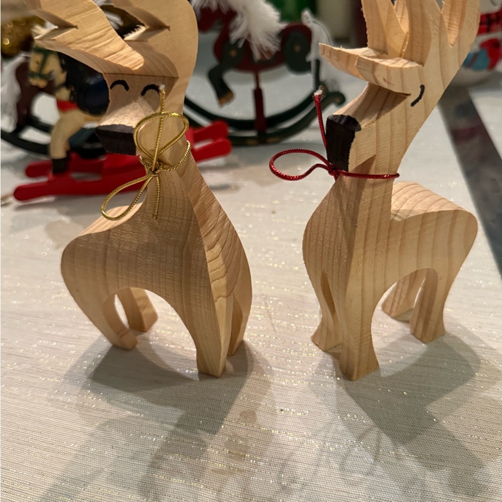 Wooden Reindeer Figurines with Gold and Red Accents EUC So Cute!